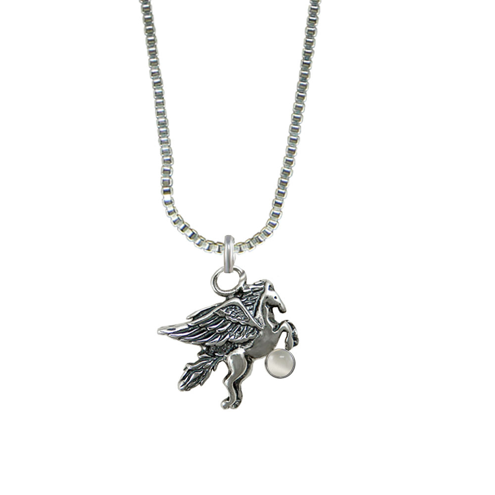 Sterling Silver Little Winged Horse Pegasus Pendant With White Moonstone